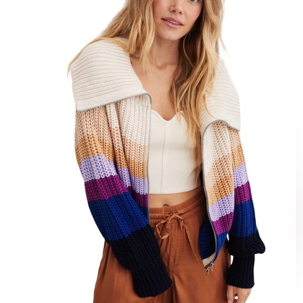 Aerie Cream Crop Knit Scoop Neck Double Zip Down Drop Shoulder Cardigan Sweater